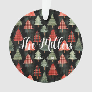 Rood & groen geplakte kerstbomen op zwart ornament