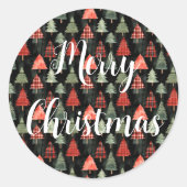 Rood & groen geplakte kerstbomen op zwart ronde sticker (Voorkant)