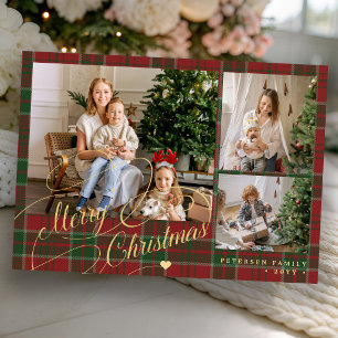 Rood groen geruit 3 foto collage Prettig kerstfees Feestdagenkaart