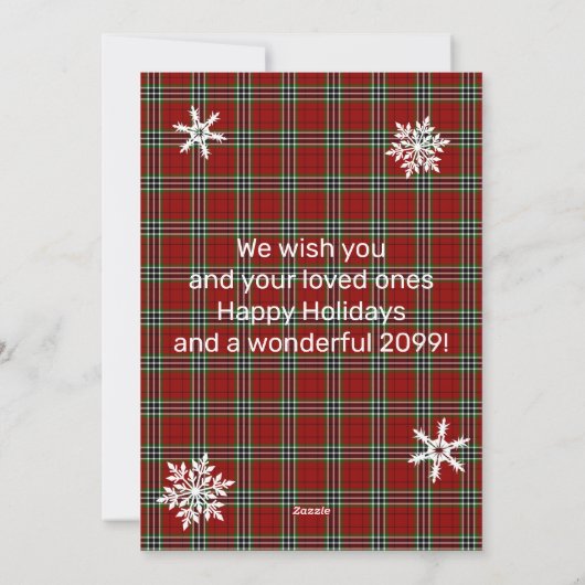 Rood groen geruit foto wit sneeuwvlokken nepgoud feestdagenkaart (Achterkant)