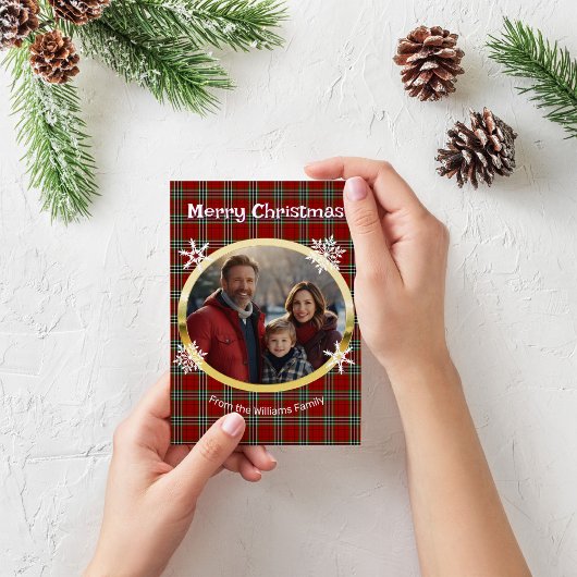 Rood groen geruit foto wit sneeuwvlokken nepgoud feestdagenkaart