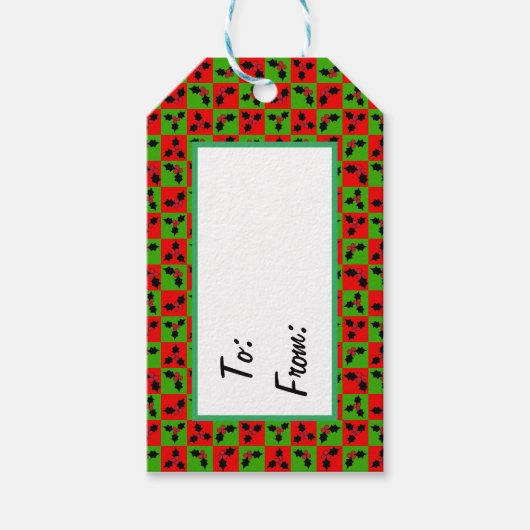 Rood Groen geruit Holly Berry Leaf Cadeaulabel (Voorkant)