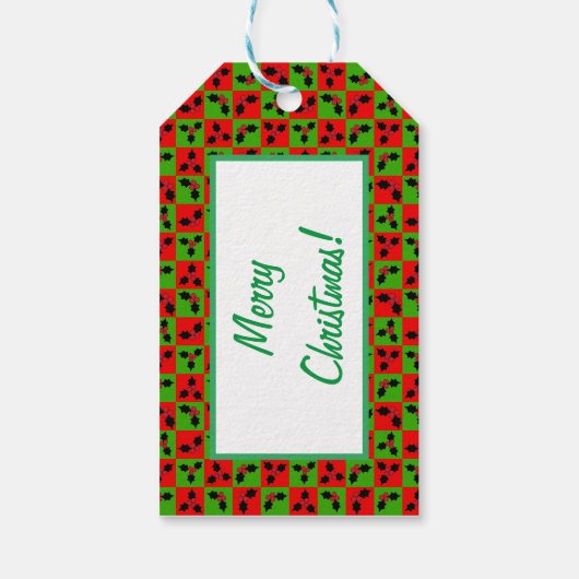 Rood Groen geruit Holly Berry Leaf Cadeaulabel (Achterkant)