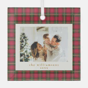 Rood groen geruit kerstfamiliefoto-aandenken glas ornament