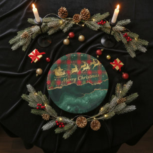 Rood groen geruit Kerstman slee Merry Christmas Papieren Bordje