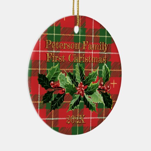 Rood groen geverfd in Holly | Familie eerste kerst Keramisch Ornament (Rechts)