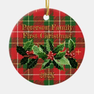 Rood groen geverfd in Holly Familie eerste kerst Keramisch Ornament