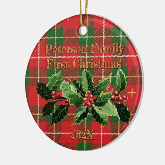 Rood groen geverfd in Holly | Familie eerste kerst Keramisch Ornament (Links)