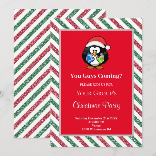 Rood/Groen Glitter Framed Funny Kerstparty Kaart (Voorkant / Achterkant)