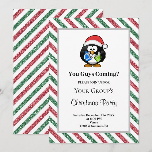 Rood/Groen Glitter Framed Funny Kerstparty Kaart (Voorkant / Achterkant)