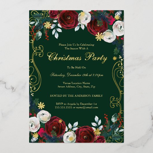 Rood Groen Goud Bloemen Werveltje Kerstfeest Folie Uitnodiging (Voorkant)