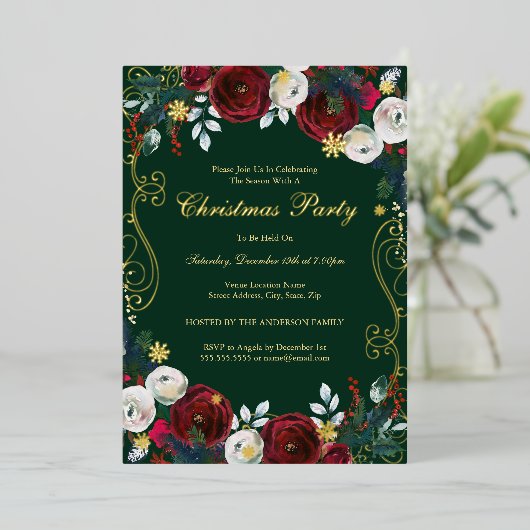 Rood Groen Goud Bloemen Werveltje Kerstfeest Folie Uitnodiging (Staand Voorkant)