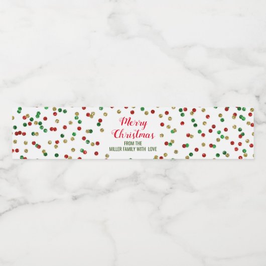 Rood Groen Goud Confetti Custom Merry Christmas Waterfles Etiket (Enkel label)