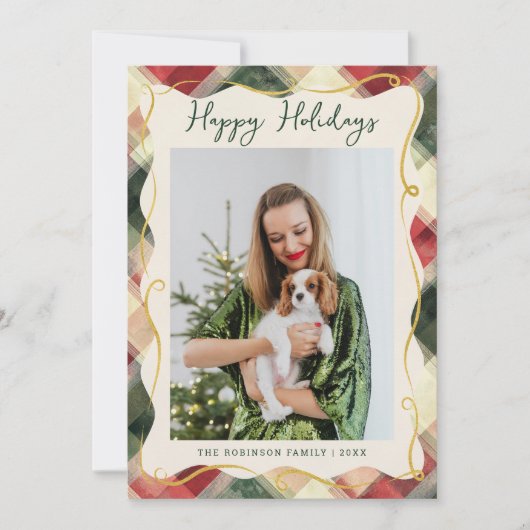 Rood Groen Goud Geplaagd Patroon Kerstmis 1 Foto Feestdagenkaart (Voorkant)