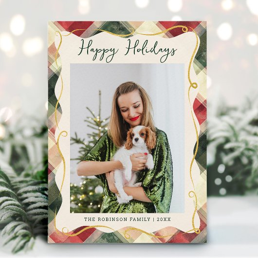 Rood Groen Goud Geplaagd Patroon Kerstmis 1 Foto Feestdagenkaart