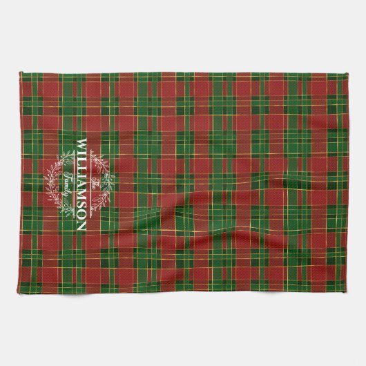 Rood Groen Goud Plaid Tartan Kerst Monogram Theedoek (Horizontaal)