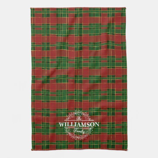 Rood Groen Goud Plaid Tartan Kerst Monogram Theedoek (Verticaal)