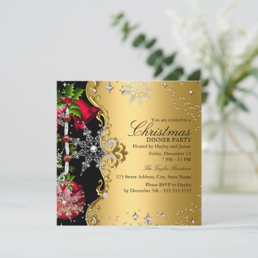 Rood groen goud Snowflake kerstfeest Dinner Party  Kaart (Staand voorkant)