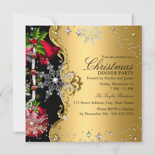 Rood groen goud Snowflake kerstfeest Dinner Party Kaart (Voorkant)
