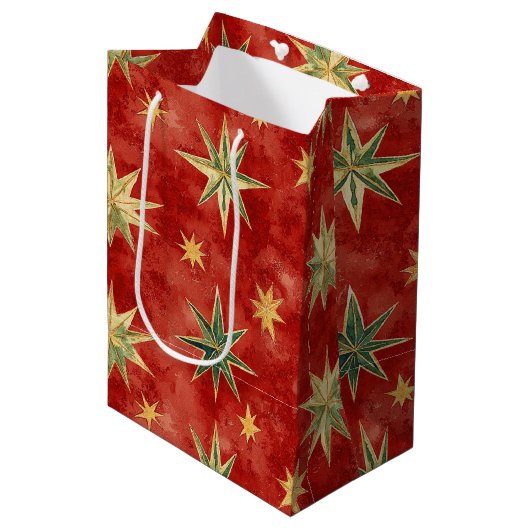 Rood Groen Goud Sterren Kerstmis Medium Cadeauzakje (Voorkant Gekanteld)