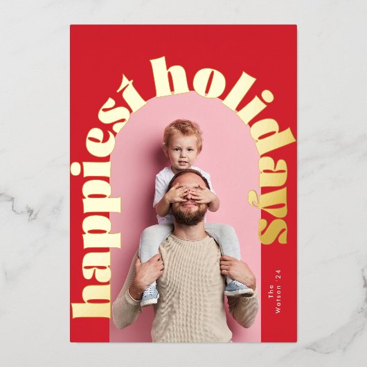 Rood Groen Goud Vetgedrukte Tekst Arch Foto Kerstm Folie Feestdagenkaart (Voorkant)