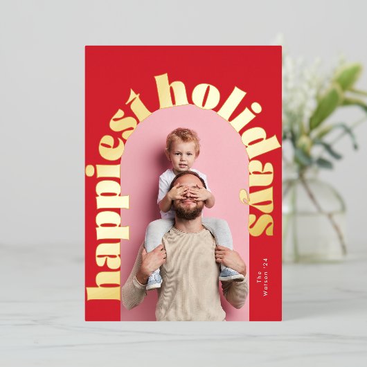 Rood Groen Goud Vetgedrukte Tekst Arch Foto Kerstm Folie Feestdagenkaart (Staand Voorkant)