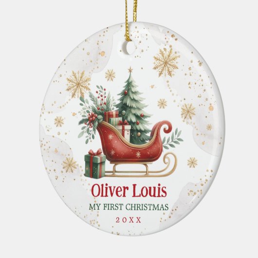 Rood Groen Goud Winterslee Baby 1e Kerstmis Keramisch Ornament (Links)