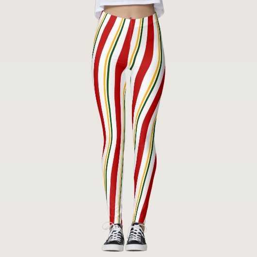 Rood Groen Goud Wit Candy Cane Stripes Kerstmis Leggings (Voorkant)