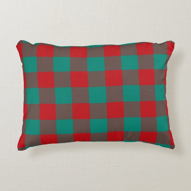 Rood Groen Grijs Geruit Schachbrett Motief Accent Kussen (Voorkant)