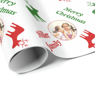 Rood, groen hert en naam kerstfeestfoto cadeaupapier