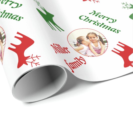 Rood, groen hert en naam kerstfeestfoto cadeaupapier (Rol Hoek)