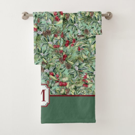 Rood Groen Holly Kerstmis Patroon Monogram Bad Handdoek (Insitu)