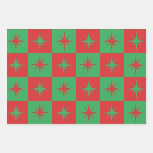 Rood-groen-ingedrukte retro-kerststarburen inpakpapier vel (Voorkant)