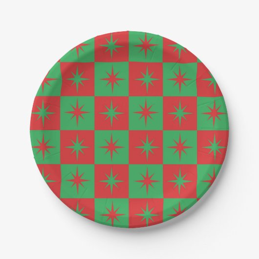 Rood-groen-ingedrukte retro-kerststarburen papieren bordje (Voorkant)