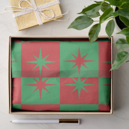 Rood-groen-ingedrukte retro-kerststarburen tissuepapier (Geschenk)