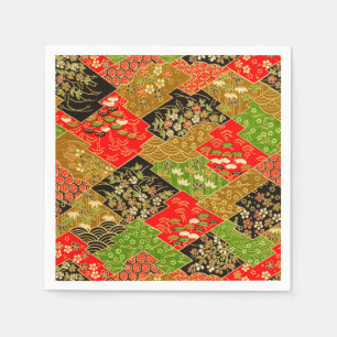 Rood Groen Japans Kimono Bloemen Decoupage Papier Servet
