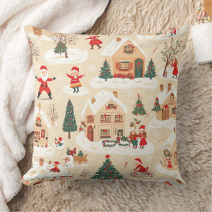 Rood Groen Kerst Dorp Sneeuwig Beige Patroon Kussen