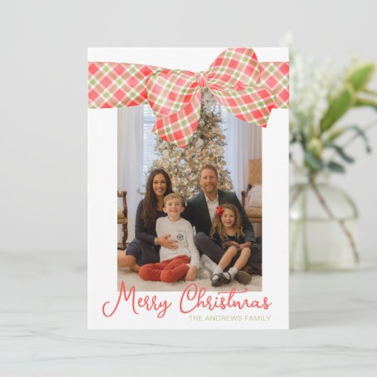 Rood & Groen Kerst Geplaagd Bow Wrap Foto Feestdagenkaart (Staand voorkant)