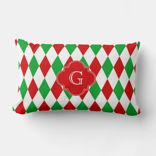 Rood Groen Kerst Harlekijn Quatrefoil Monogram Kussen (Voorkant)