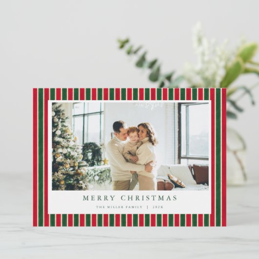 Rood Groen Kerst Plaid Foto Vakantie Kaart (Staand voorkant)