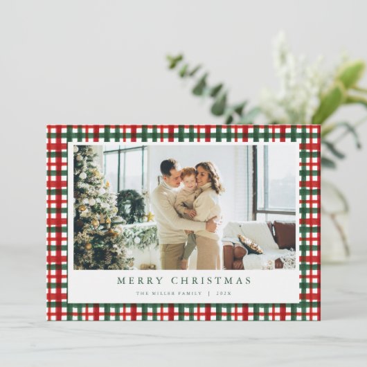 Rood Groen Kerst Plaid Foto Vakantie Kaart (Staand voorkant)