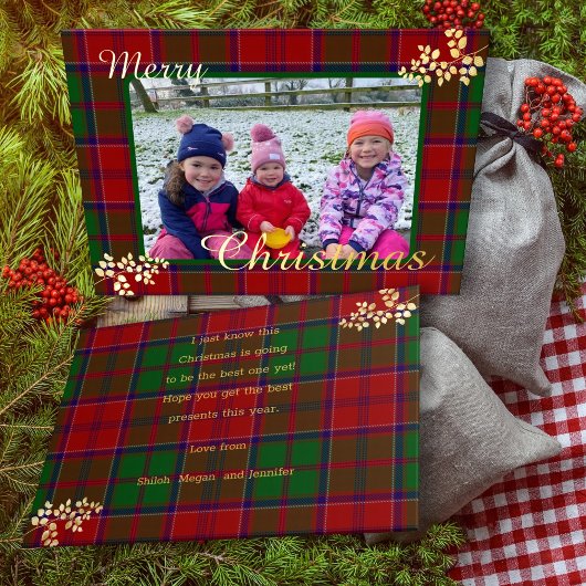 Rood Groen Kerst Plaid Goud Bladeren Familie Foto Folie Feestdagenkaart