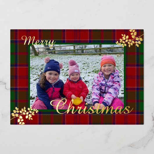 Rood Groen Kerst Plaid Goud Bladeren Familie Foto Folie Feestdagenkaart (Voorkant)