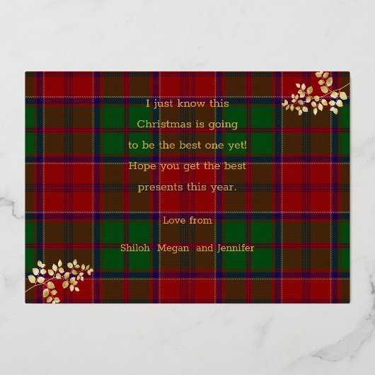 Rood Groen Kerst Plaid Goud Bladeren Familie Foto Folie Feestdagenkaart (Achterkant)