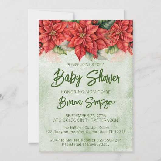 Rood Groen Kerst Poinsettia Baby shower Kaart (Voorkant)