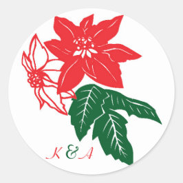 Rood & Groen Kerst Poinsettias Vakantie Trouwen Ronde Sticker