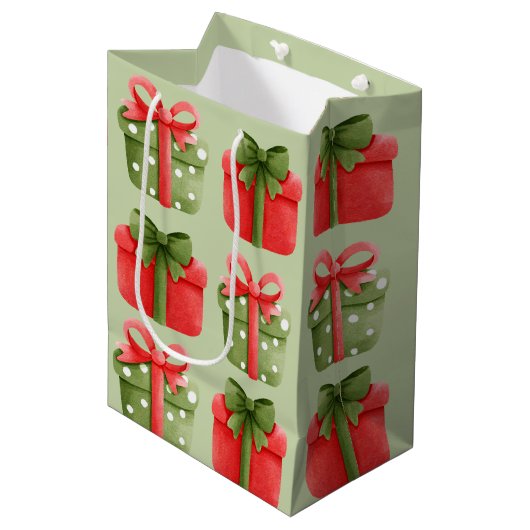 Rood, groen kerstcadeautje pastel medium cadeauzakje (Voorkant Gekanteld)