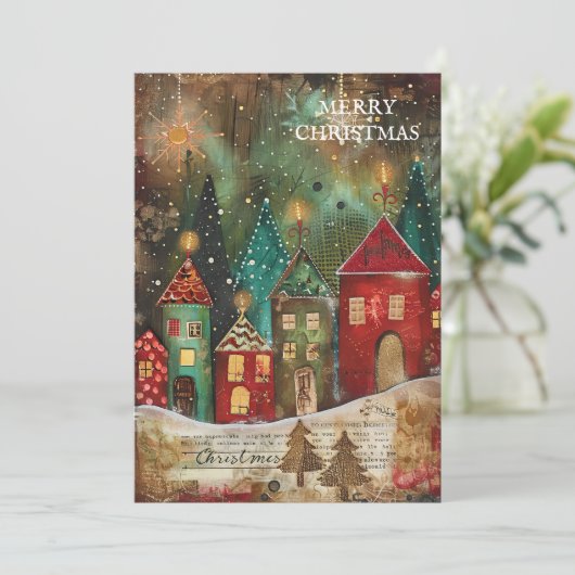  rood groen kerstdorp feestdagenkaart (Staand voorkant)