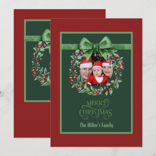 Rood groen Kerstkrans Foto Feestdagenkaart (Voorkant / Achterkant)