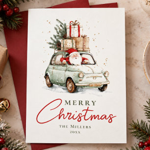 Rood Groen Kerstman Car Watercolor Kerstmis Feestdagenkaart